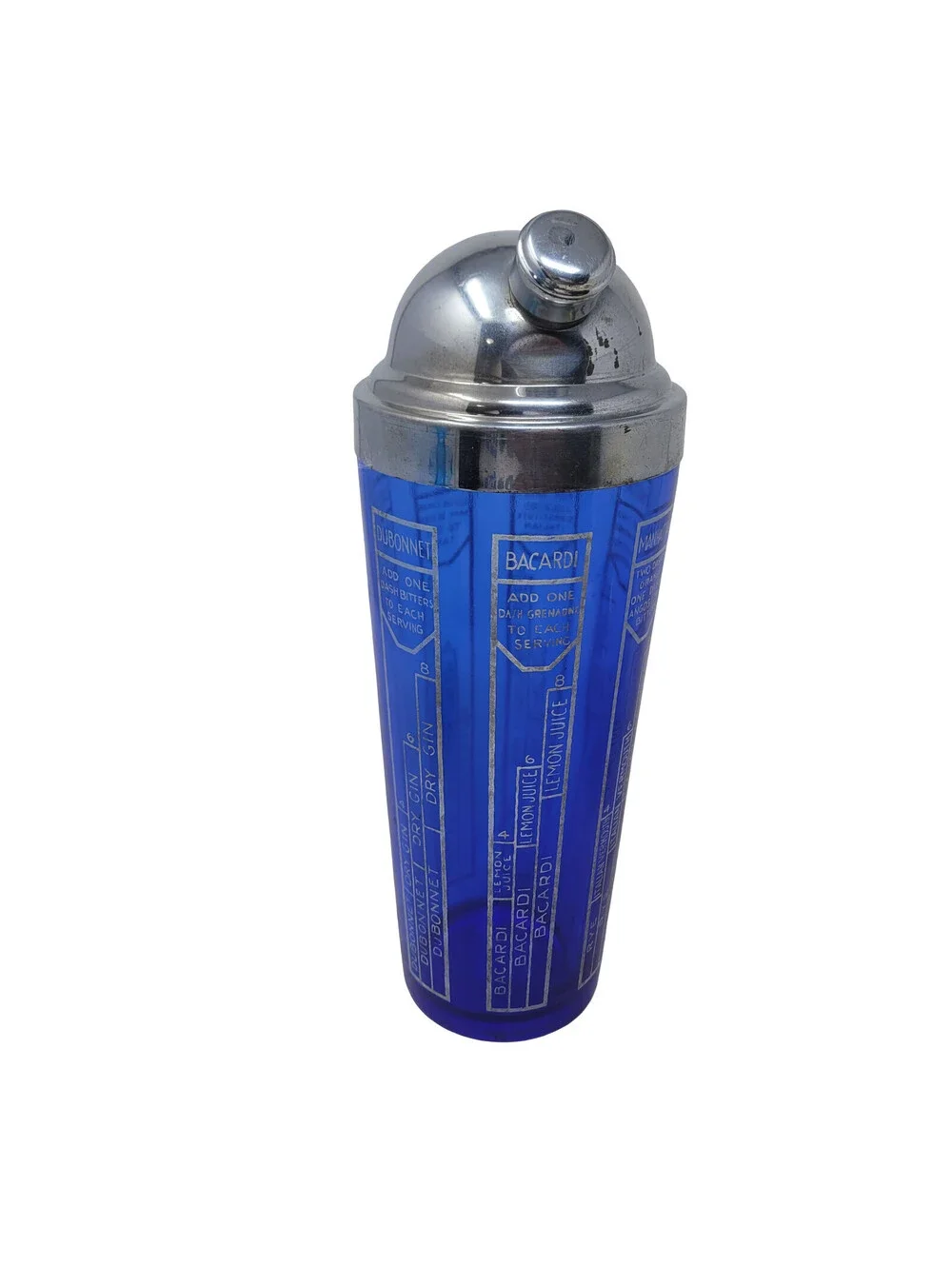 Vintage Art Deco Cobalt Blue Glass Cocktail Shaker Chrome Lid Recipe 1930s